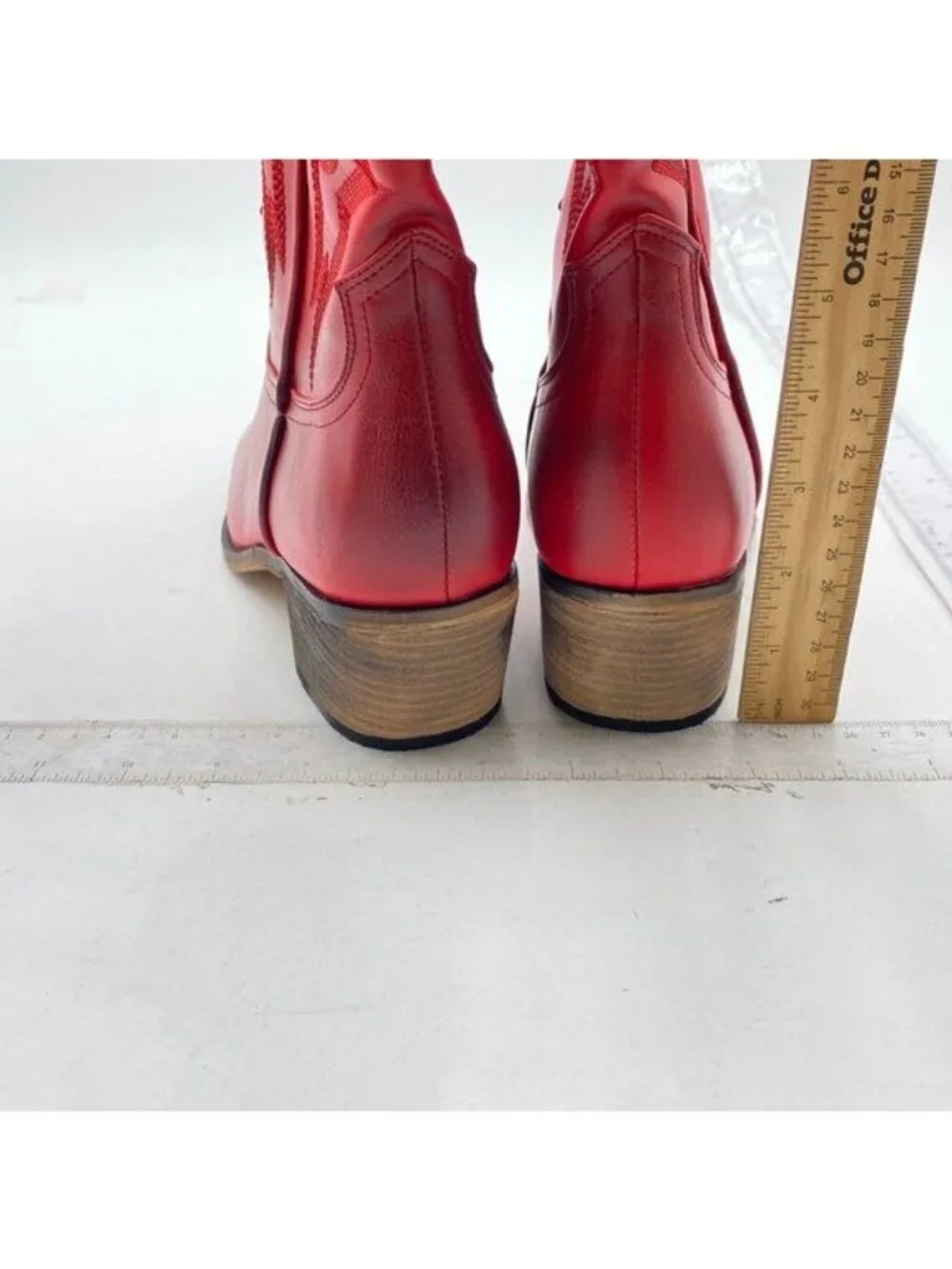 Red Cowboy Boot Pull On Western Pointed Toe Chunky Heel Cowgirl Mid Calf Boots